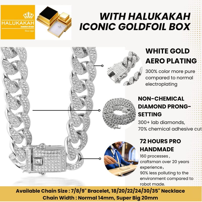 Halukakah Gold Chain Iced Out for Men,14MM Miami Cuban Link Chain Choker Necklace 18In(45cm) Platinum White Gold Finish,Full Cz Diamond Prong Set,Gift for Him - Image 3